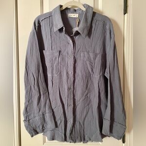 Blue gray gauze button up shirt Size L NWT Bust apx 22”